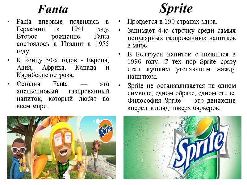 Fanta Fanta впервые появилась в Германии в 1941 году.  Второе рождение Fanta состоялось